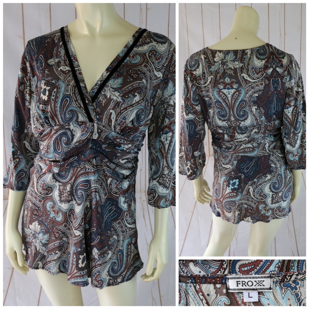 Froxx Silk Blouse Top L Paisley Pullover Side Zip